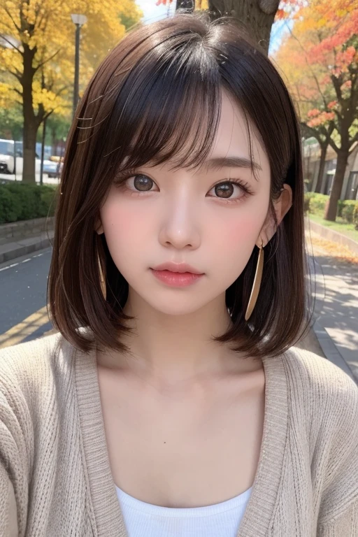 one girl, (a beauty girl, Delicate girl:1.3), (13 years old:1.3),
break, (Tree-lined avenue in autumn:1.2), (cardigan:1.2),
break, very fine resolution, (symmetrical eyes:1.3),
break, small breasts, brown eyes, parted bangs, brown hair, girl,
break, (Eye and face details:1.0), (get closer to the face, zoom in on the face, face focus:1.0),
break, (masterpiece, highest quality, super detailed, detailed face, 8K)、From above、earrings、hair blowing in the wind、blush your cheeks、、((Biting your lower lip))、high angle、super realistic photos、
