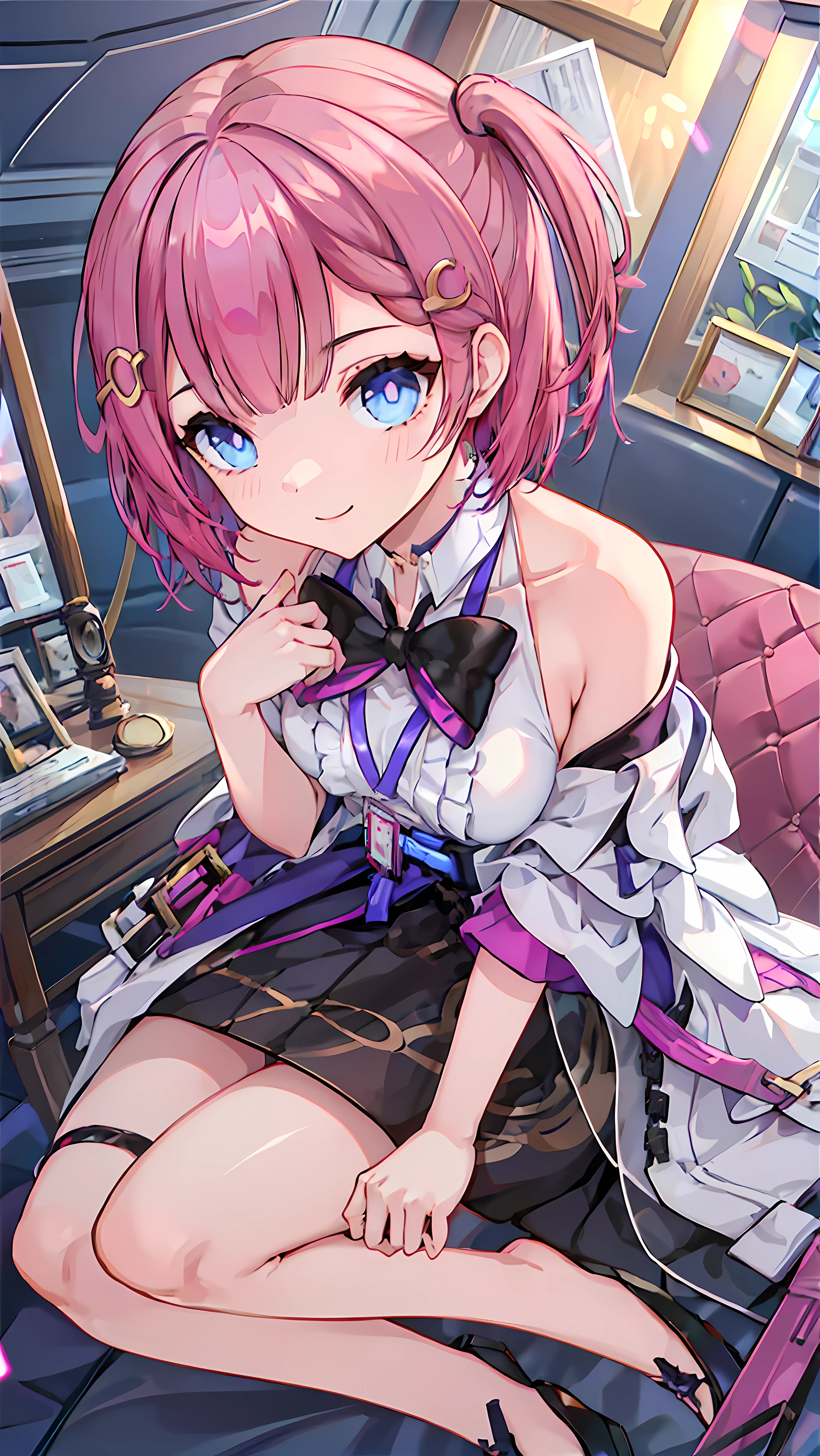 ((masterpiece,highest quality)), Super detailed, shine, shine light, ray tracing, (perfect face, detailed face, fine eyes,perfect hands:1.2), hd, super cute face,ray tracing,perfect lighting,highest quality, Super detailed, shine eyes,, 1 girl, Honkai Star Rail Asta, pink short hair, Short hair with pony side, blue eyes, wearing her clothes, Carrying out daily activities, indoor,, close up of thighs, (((open your legs))), ((sit)), (Smile), (((angle from below))),, Many pieces of furniture, (complex background, highly detailed background, There are many elements in the background:1.2), ((Super detailed background)), ((8K wallpaper)), colorful background,
