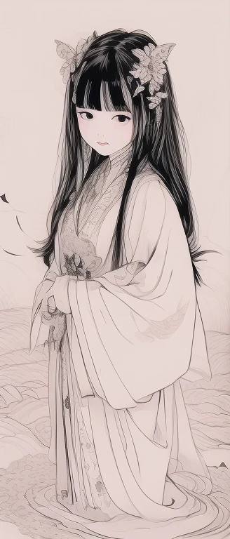 (((An illustration、4k,masterpiece,highest quality、whole body))), various poses、Shuimobisim, traditional chinese ink painting, lotus,  Hanfu, maxi kit, dress modestly, alone, black long hair, smile, Are standing, feet in the water, barefoot,Background of white lotus flowers and light blue lotus leaves、
 