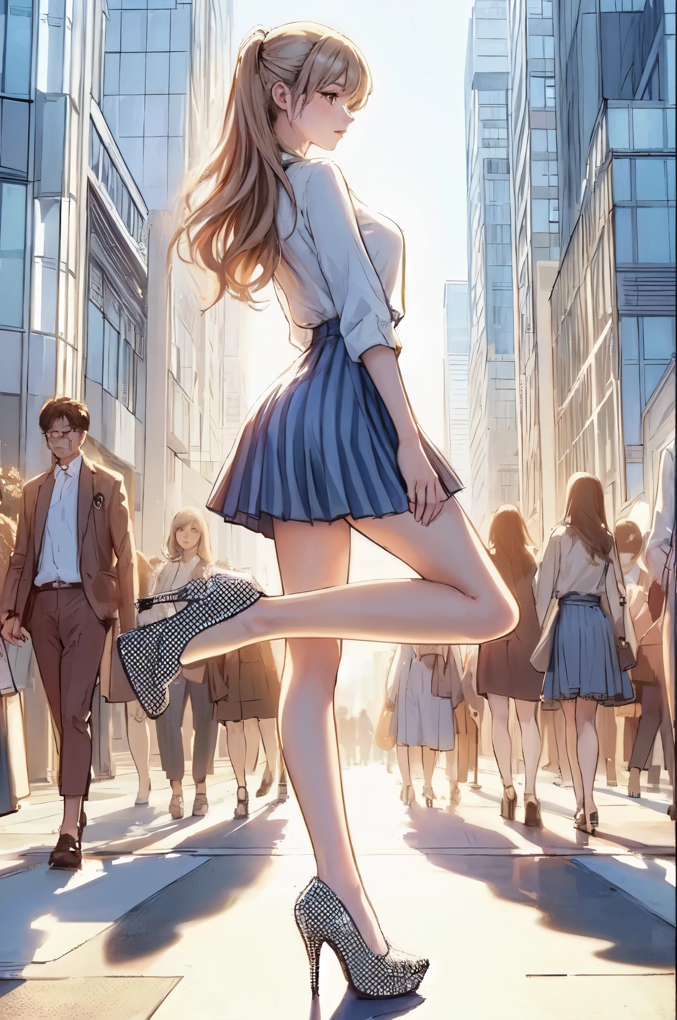 1lady solo, (from side), standing, dynamic posing, (stylish outfit), pleated skirt, mature female, /(beige hair/) bangs, (masterpiece best quality:1.2) delicate illustration ultra-detailed, large breasts BREAK (luxurious downtown street) outdoors, noon, crowded, detailed background