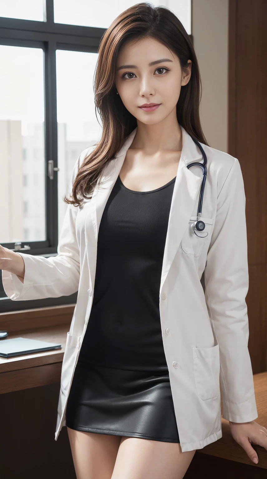 Photorealistic beautiful doctor、amazingly beautiful、doctor'Underwear under a lab coat, collared shirt、(highest quality、8K、32k、masterpiece、nfsw:1.3)、ultra high resolution,(Photoreal:1.4),Raw photo, detailed face,,beautiful hair, ((doctor style)), , black tight skirt、 natural makeup,, big and full breasts、Inside the hospital, detailed background, perfect lighting, Depth of written boundary, beautiful shadow gradation,Stethoscope ,NSFW、Beautiful female doctor、Fall in love、Her underwear is visible、Sit in the examination chair、