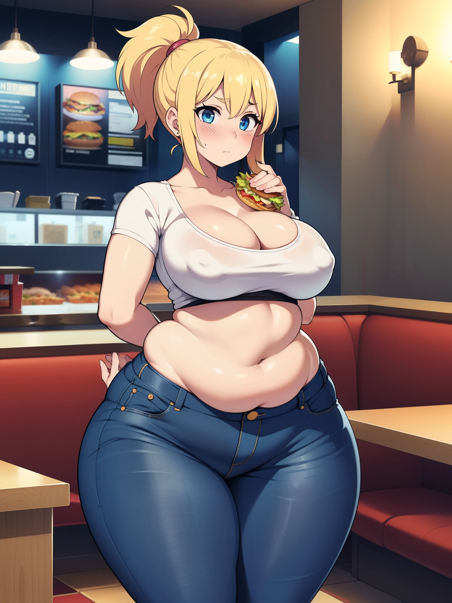 ((Masterpiece)), perfect anatomy, perfect shading, field of depth, (best quality), extremely delicate and beautiful, perfect lighting, detailed face, ultra cute face, cute, ((1girl)), ((solo))
short fluffy blonde hair, ponytail, blue eyes, ((blush)), nervous, looking at viewer, crop top, jeans, cleavage, large breasts, ((thick thighs)), (wide hips), plump, chubby belly,
intricate background, detailed background, fast food restaurant,