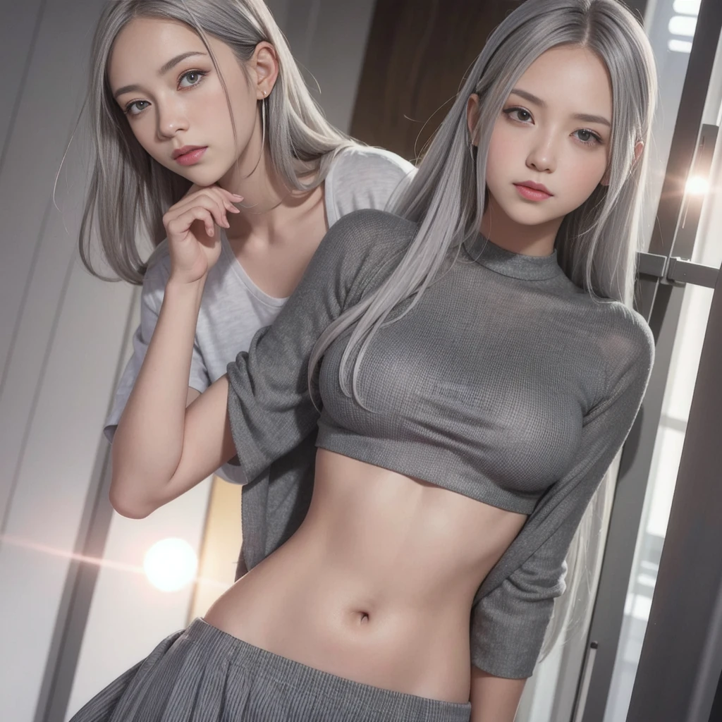 (nsfw), (Best Quality, Realistic), (gray hair:1.2), silver hair and blue-eyes girl ig model, upper body shot, gray-haired girl with fair skin and seductive Adopt a curvaceous posture, damp skin, detailed face, huge eyes, very small face, detailed eyes, big eyes, dropy eyes, Double eyelid, Wearing baggy shorts, Adopt a curvaceous posture, wide open chest、(damp skin:1.2), daily、 (happy), Smiling, short hair, With a high ponytail and large breasts, Wet udder、wet breasts、soft breasts、ingrown breast、bold exposure、wet skin、damp skin、captivate your audience、leaning forward、Active、Active pose、(mischievous smile, Secret talk:1.4), showing breasts、light pink areola、Beautiful puffy nipple, A little of the areola is visible、focus breast、(fog and mist Blurred background, Perfect and beautiful concrete background:1.4), (Inorganic and nostalgic white lighting:1.4),