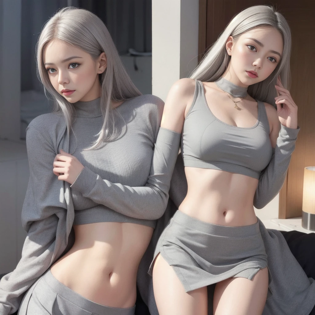 realistic, girl 1, gray hair, shining eyes, crop top, flare skirt, parted lips, blush, night, sunlight,