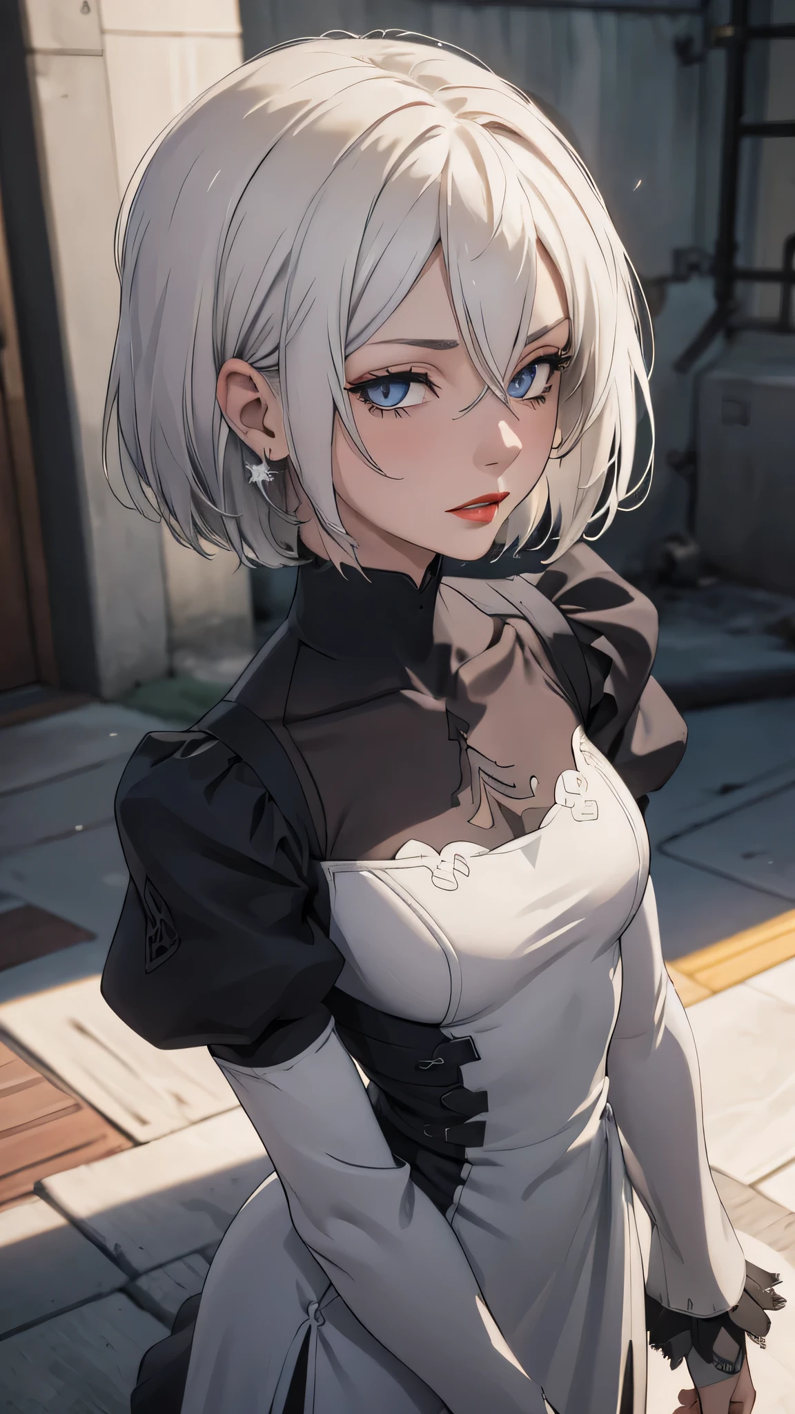 extremely detailed CG unity 8k wallpaper), (masterpiece), (best quality), (ultra-detailed), (best illustration), (best shadow), (absurdres) ,(detailed eyes), 2b, 1girl, short hair, white hair, solo, Intimidating women, casual clothes, elegant dress , hero pose, earings, elegant, Red lips, Sunlight, exposed to sunlight, mole near eyes, looking at viewer