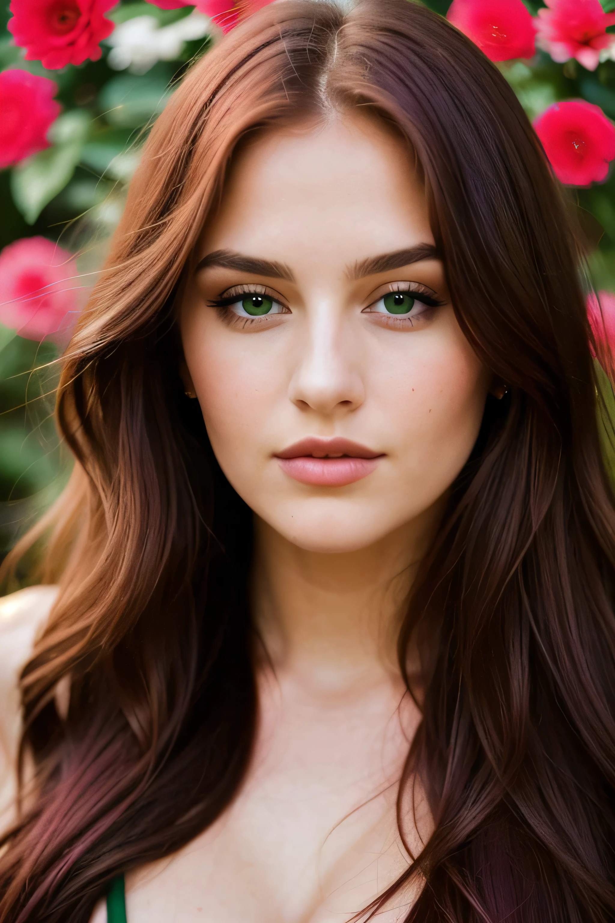 photograph of a woman, 25 years. very beautiful . long hair. red-violet hair. green eyes. with plump sensual lips. American woman. face looking straight into the camera. full face, sharp focus on the subject. ultra-textured leather, goosebumps, Perfect eyes, Holder for 160 flowers, filmed on ARRI ALEXA 65, Boke