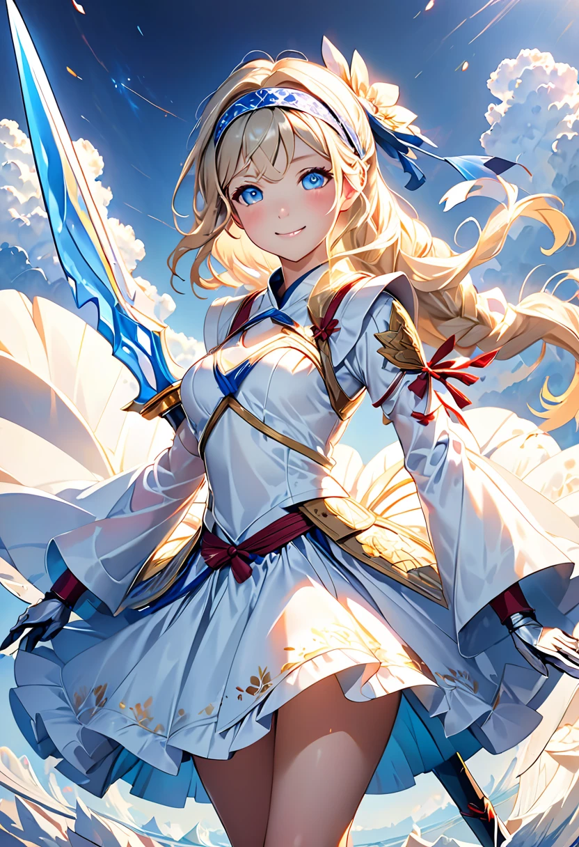 (((((1 girl))))), ((highest quality)), ((masterpiece)), ((Super detailed)), (figure), (detailed light), (very delicate and beautiful), (detailed and beautiful eyes), (sunlight), ((very light)), ((Very clothes)), (((hyper detail))),(((((front lighting))))),(((((front light))))), 

((((Very adorable white armor with a short skirt and headband)))), 
(((Expert Destroyer))), 

(((Wavy long))), ((((platinum blonde)))), (((long hair))), (((sky blue eyes))), 

((((whole body)))), Between 20 and 30 years old, ((((So adorable若い女の子)))), ((Condescending expressions)), ((Naughty smile with sexual satisfaction)), (((So adorable))), (((((very thin shape))))), (((((very beautiful detailed face))))), 

(((Dynamically attack enemies with a broad sword.))), 

(((Elegant Magic Boots))), (dutch angle), (((elegant magic gloves))), ((Transparent Magical Underskirt)), (Exposed adorable magic pants)