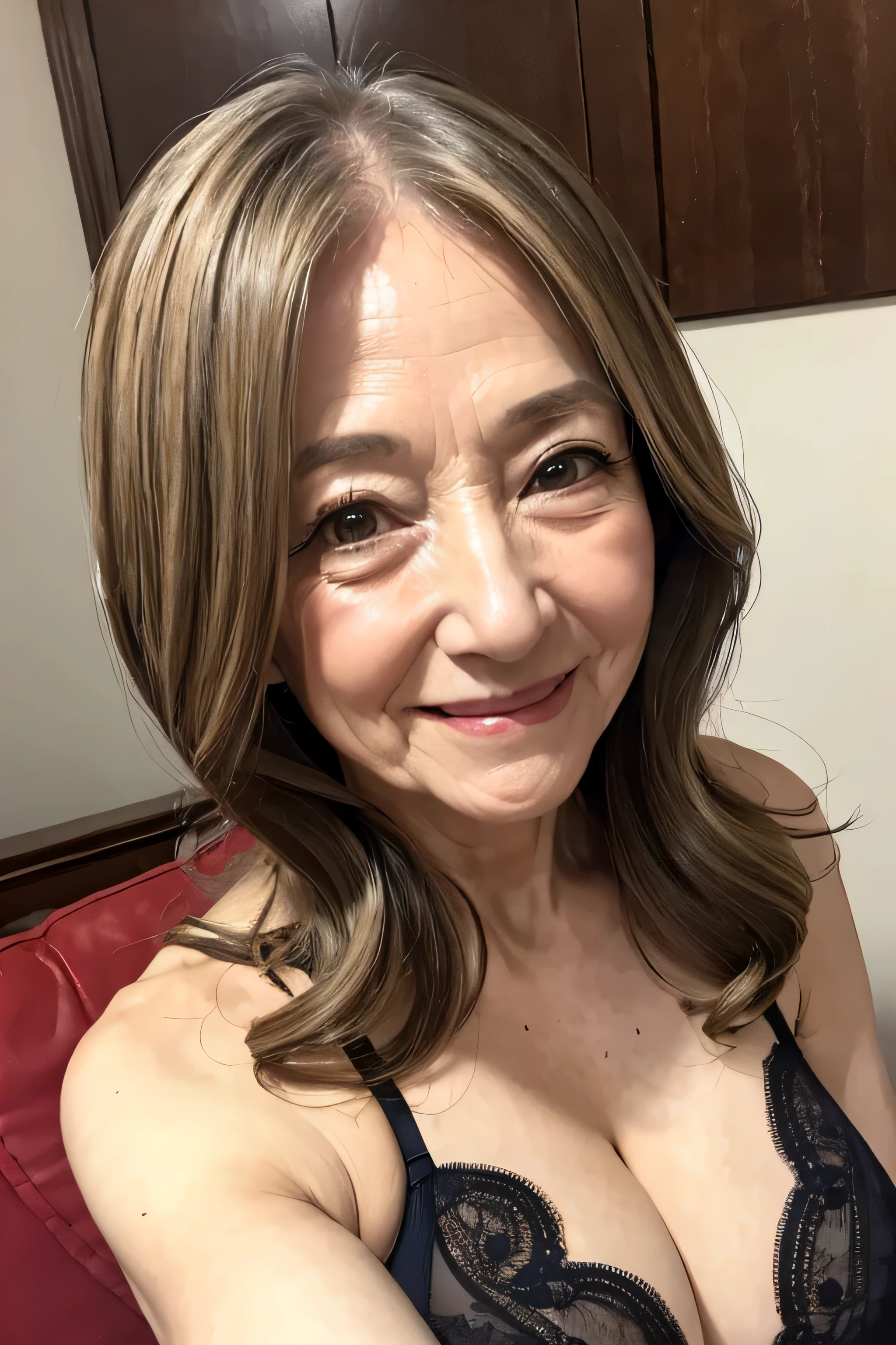 (Masterpiece:1.4),(67-year-old woman:1.4),(Wrinkles on the face1.2),smile,long wave hair,lingerie