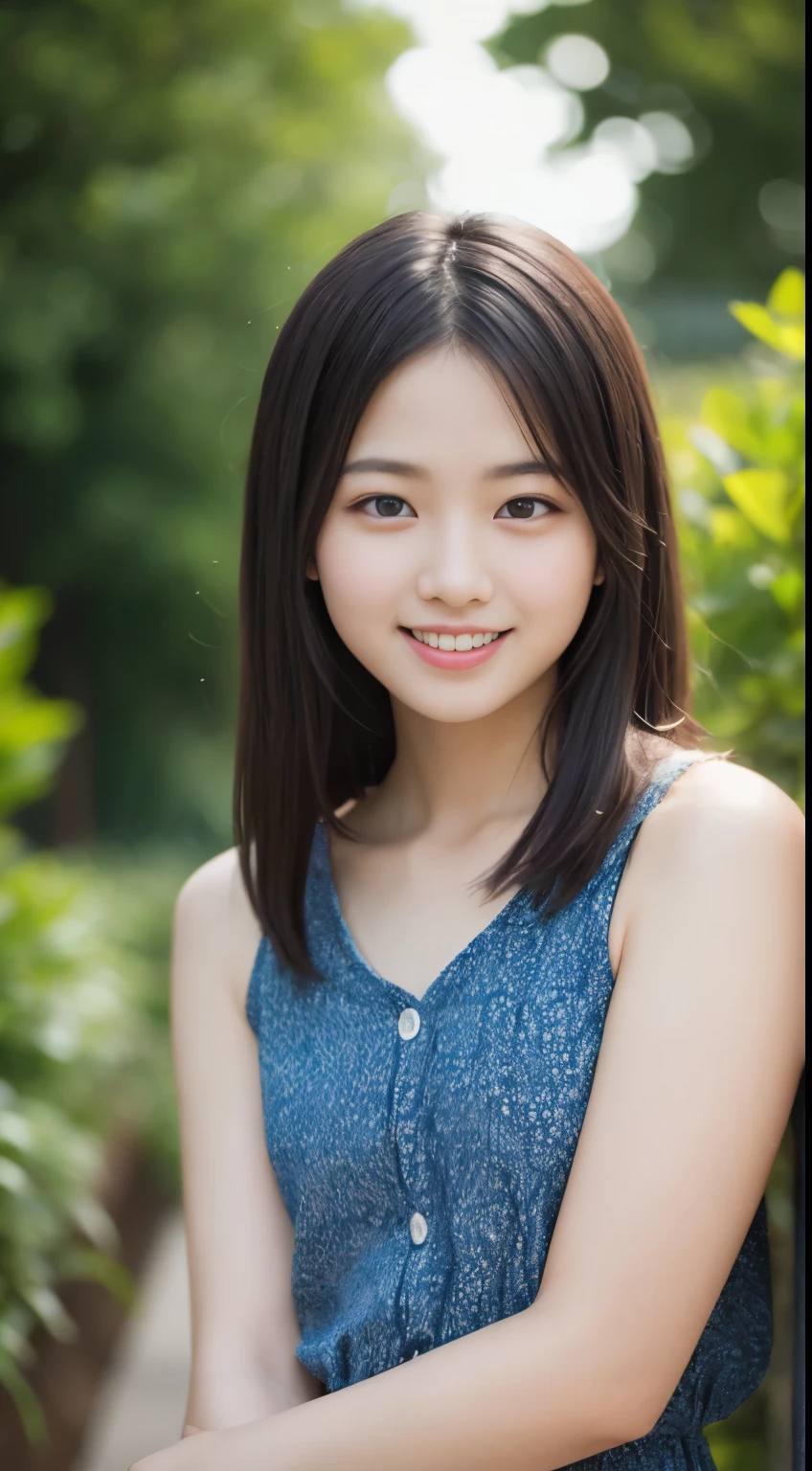 masterpiece, highest quality, 8K, 15 years old, japanese girl, Raw photo, disorganized, award-winning portraits, smile, smile, alone, , summer clothes, idol face, violaces, gardenia, delicate girl, long black hair, black eyes, Upper body, Digital single-lens reflex camera, looking at the viewer, Frank, Sophisticated, like々New, thin arms, professional lighting, film grain, chromatic aberration, (Eye and face details: 1.0), (Bokeh button:1.1)