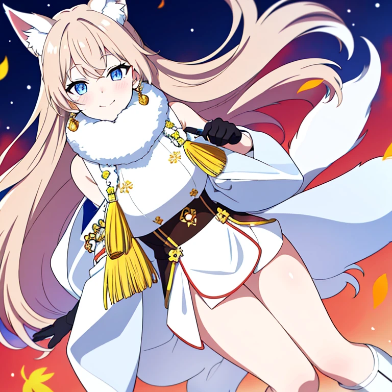 ((tmasterpiece:1.4,Best quality at best))+,(hyper-detailing)+,(Ultra-detailed eyes)+,(White fox ears:1.5),
(Cute girls),ar old,(skyblue eyes:1.15),with short dark brown hair,Brown long braided fluffy hair(wariza:1.2),pale-skinned,ssmile,A smile
(She wears a conservative white warm suit,gold shell,Lots of fluff:1.5),(Black gloves:1.4)extra long sleeveless earrings,lean legs,shrines,red fallen leaves fantasy,gem jewelry,Snow Mountain Bazaar
(Fluffy fox tail:1.1),
(dawn light:1.2),white fox,
(Thick black and white:1.16),(depth of fields:1.4),,Complicated details,