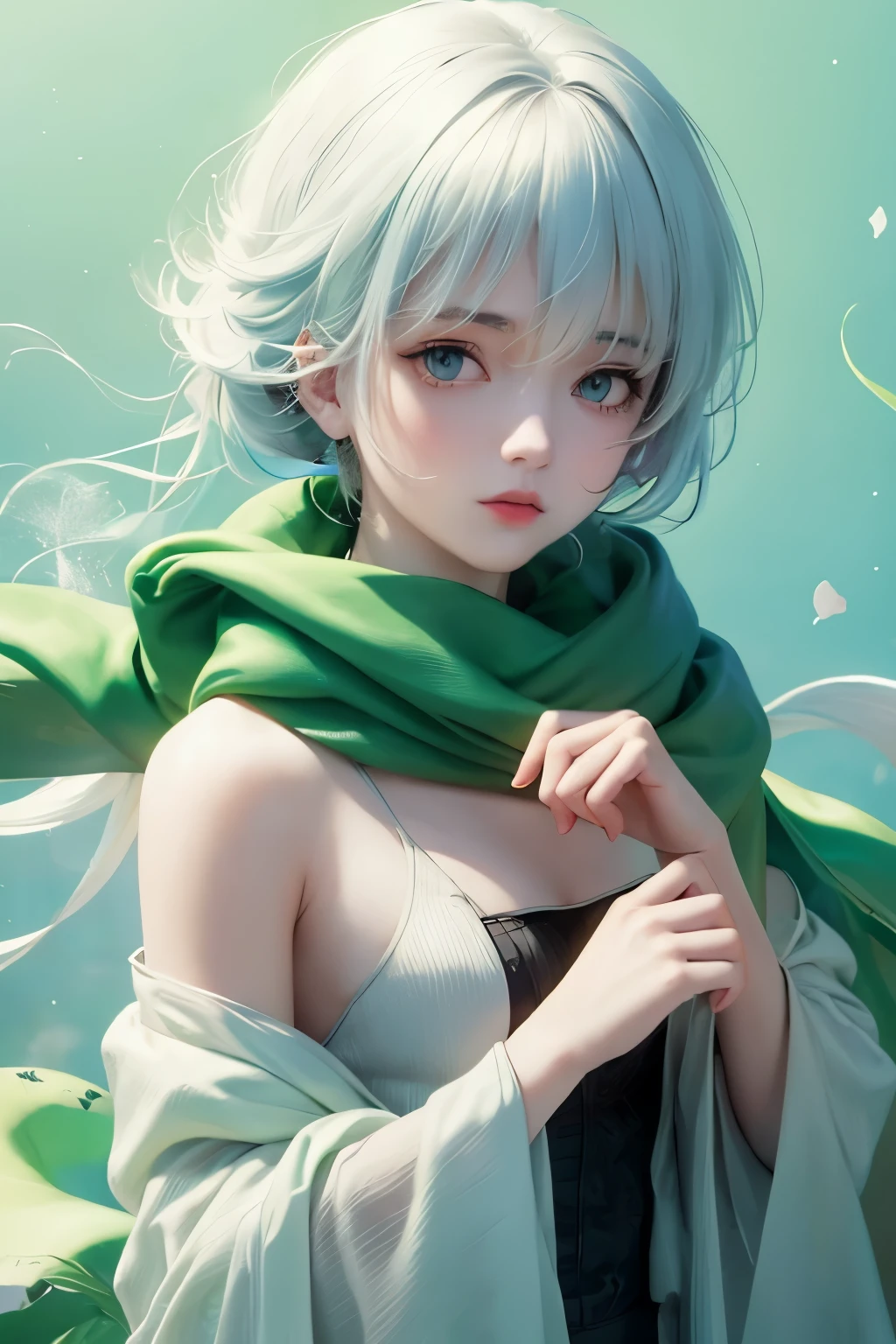 1 girl, Wallop, (blindfolded:1,3), Clothing cut, green background, hair between eyes, scarf, Upper body, white hair, Sky