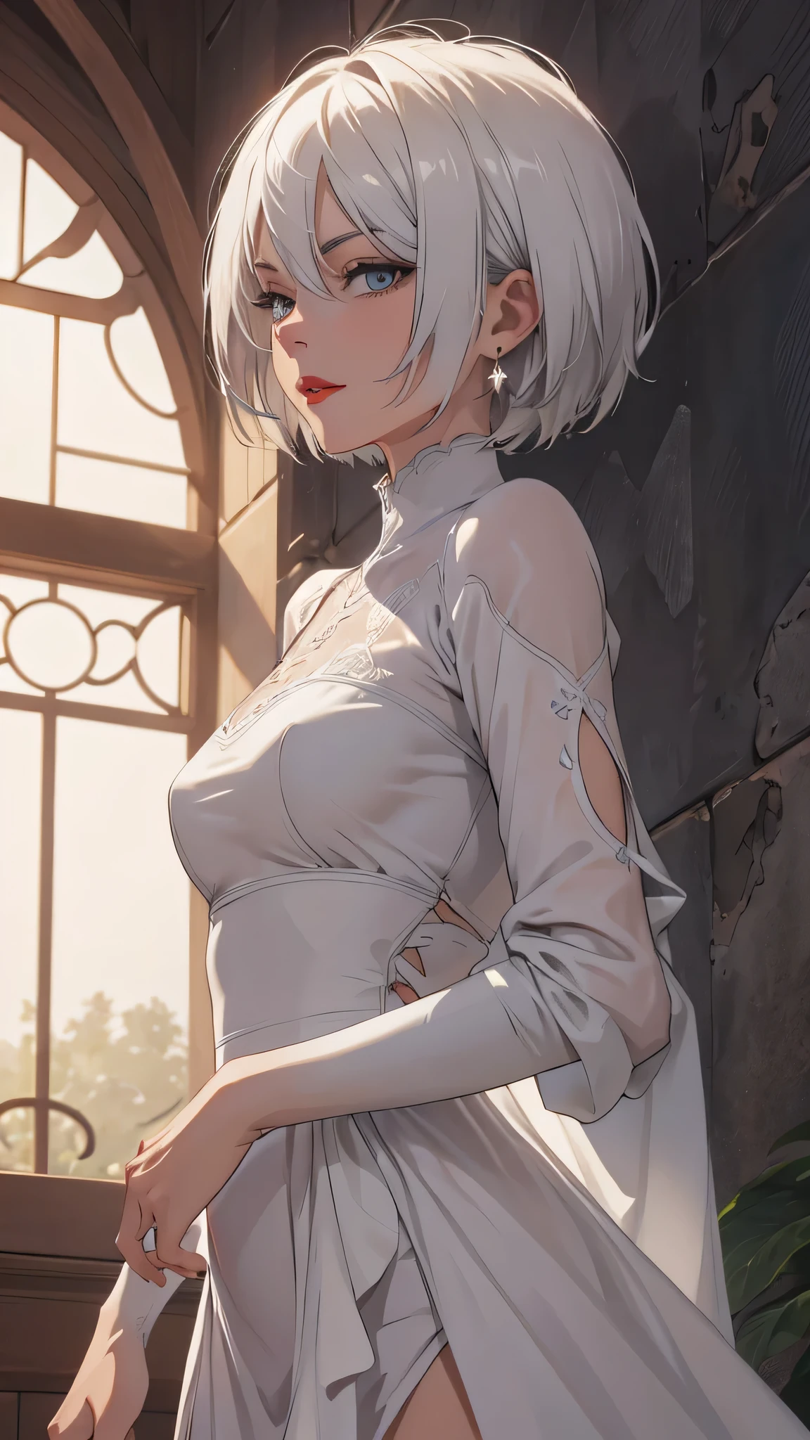 extremely detailed CG unity 8k wallpaper), (masterpiece), (best quality), (ultra-detailed), (best illustration), (best shadow), (absurdres) ,(detailed eyes), 2b, 1girl, short hair, white hair, solo, Intimidating women, casual clothes, elegant dress , hero pose, earings, elegant, Red lips, Sunlight, exposed to sunlight, mole near eyes, looking at viewer