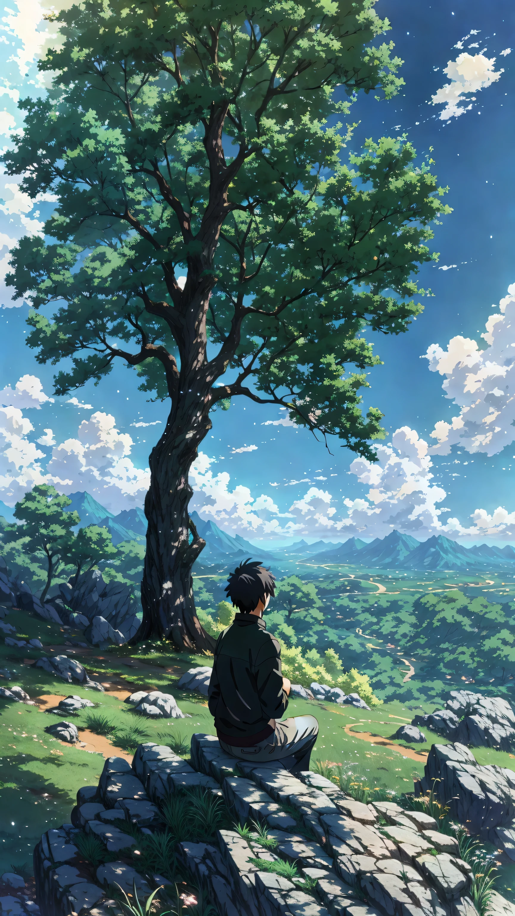 anime - style scene of a man sitting on a rock in front of a tree, anime beautiful peace scene, anime nature, makoto shinkai. —h 2160, anime landscape, makoto shinkai cyril rolando, beautiful anime scene, anime lush john 8k woods, makoto shinkai!, today's featured anime still, anime nature wallpap