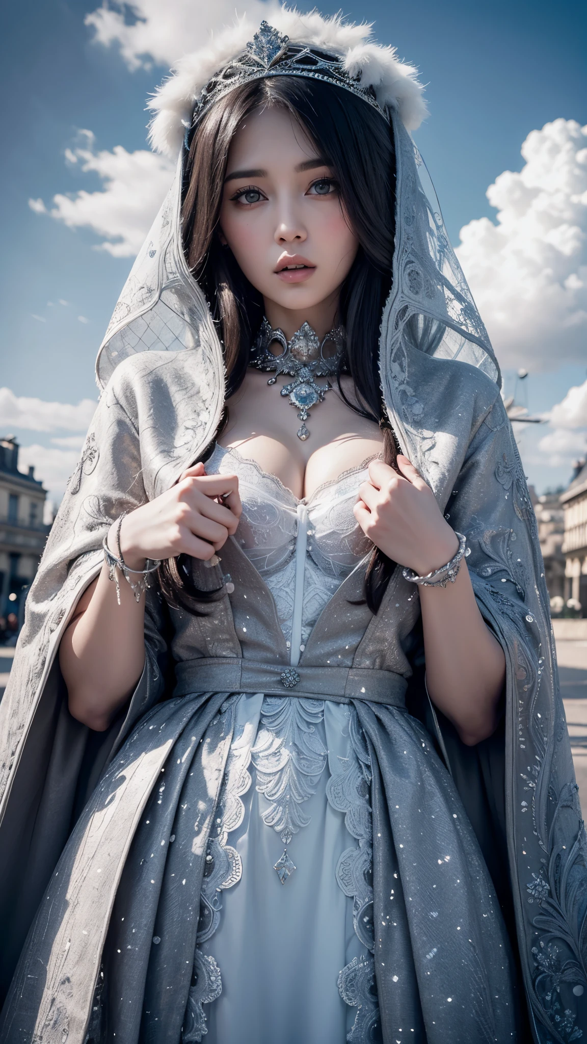 Eleanor Vere Boyle and Andreas Untersberger, Hantu Ulat Sutera adaptive and winter atmosphere, scattered, exquisite details, Paris City, Cloud, 1 girl, (central composition, symmetry: 0.1)