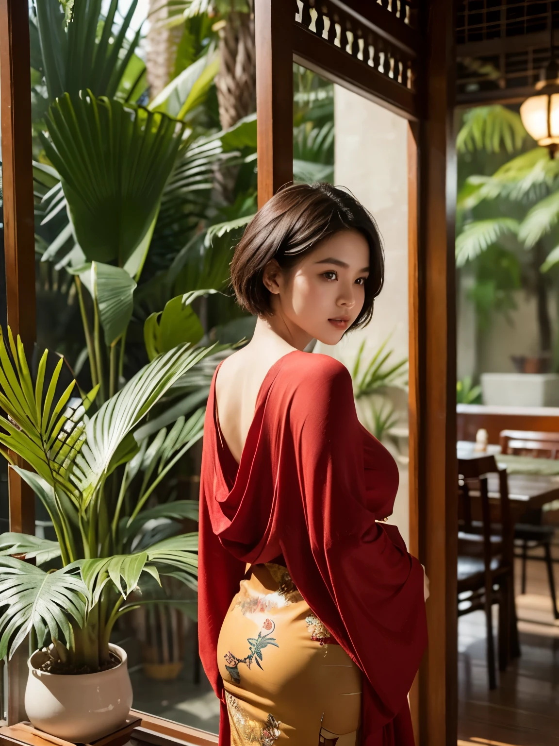 Indonesian girl with short hair is turning her back to the camera and facing the camera. Her back is visible, wearing sexy traditional clothing and there is a shawl, the place is in a cafe and behind her there are aesthetic plants.