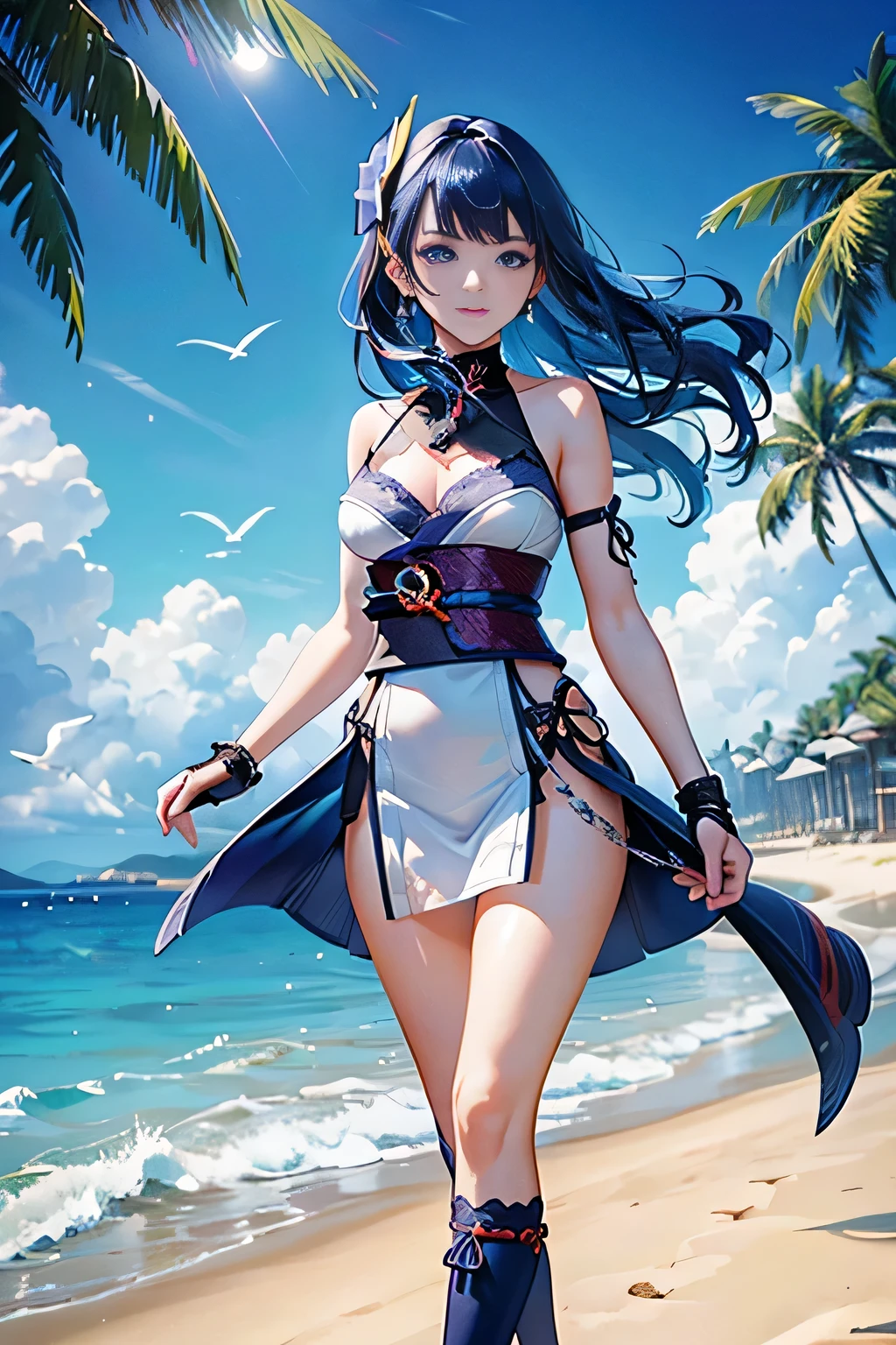 vulgar,((Raiden Shogun in Genshin Impact)),solo,((semi long beautiful dark blue hair,beautiful blue eyes)),
low angle,from below, ((masterpiece, highest resolution,best quality)), (illustration),(white beautiful elegant long sweater one piece dress),(walking around the beach),gleaming skin,wet,
innocent smile, white over-kneehighs,Lace chalker, wristband, fingerless gloves, over-kneehighs,
Lace chalker, diamond necklace,wristband, fingerless gloves, earrings, windy,cinematic lighting and pause, beach, sand, blue sky, waves, coconut tree,fish,boat,sea gull,