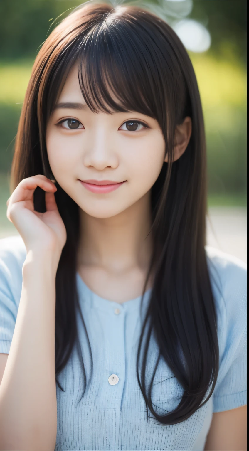 masterpiece, highest quality, 8K, , japanese girl, Raw photo, disorganized, award-winning portraits, smile, smile, alone, , summer clothes, idol face, violaces, gardenia, delicate girl, long black hair, black eyes, Upper body, Digital single-lens reflex camera, looking at the viewer, Frank, Sophisticated, like々New, thin arms, professional lighting, film grain, chromatic aberration, (Eye and face details: 1.0), (Bokeh button:1.1)