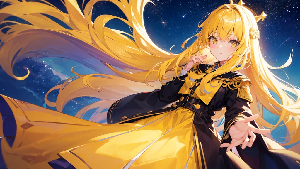 beautiful girl, yellow hair, yellow eyes,star clip, long hair, yellow royal clothes, start sky, 8k resolution, sky, galaxy