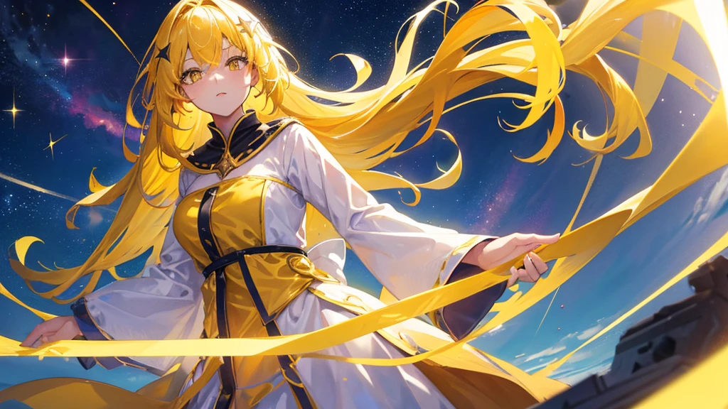 beautiful girl, yellow hair, yellow eyes,star clip, long hair, yellow royal clothes, start sky, 8k resolution, sky, galaxy