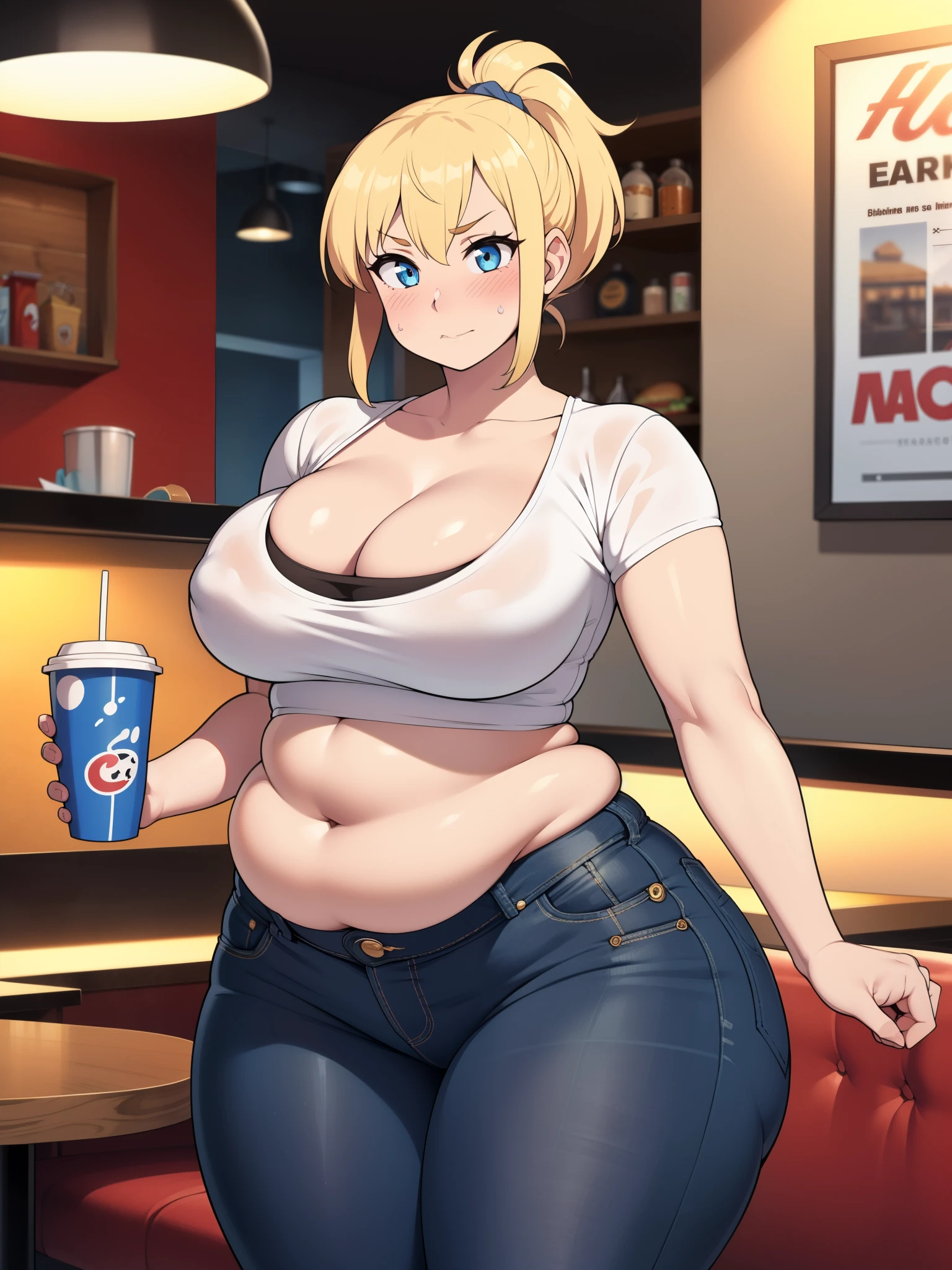 ((Masterpiece)), perfect anatomy, perfect shading, field of depth, (best quality), extremely delicate and beautiful, perfect lighting, detailed face, ultra cute face, cute, ((1girl)), ((solo))
short fluffy blonde hair, ponytail, blue eyes, ((blush)), nervous, looking at viewer, crop top, jeans, cleavage, large breasts, ((thick thighs)), (wide hips), plump, chubby belly,
intricate background, detailed background, fast food restaurant,