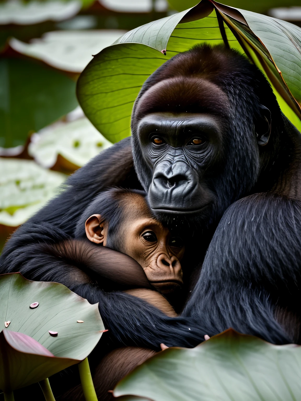 Creative photography,A gorilla holding a baby gorilla in the rain,Taking shelter from the rain under a giant lotus leaf,Use lotus leaves to shelter from rain,maternal love,care,sharp detailed face,perfect face,Medium shot composition,Background with dark clouds,lightning,32k,uhd,Award-winning works