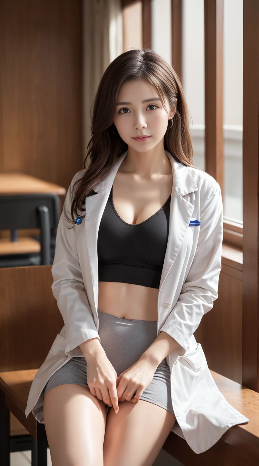 Photorealistic beautiful doctor、amazingly beautiful、doctor'Under her white coat is sexy red underwear, collared shirt、(highest quality、8K、32k、masterpiece、nfsw:1.3)、ultra high resolution,(Photoreal:1.4),Raw photo, detailed face,,beautiful hair, ((doctor style)), , black tight skirt、 natural makeup,, big and full breasts、Inside the hospital, detailed background, perfect lighting, Depth of written boundary, beautiful shadow gradation,Stethoscope ,NSFW、Beautiful female doctor、Fall in love、Her underwear is visible、Sit in the examination chair、