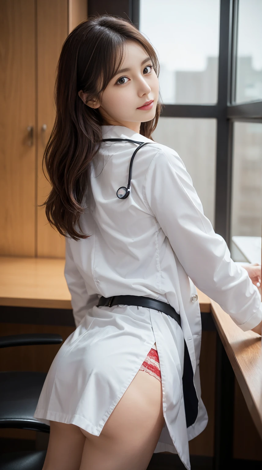 Photorealistic beautiful doctor、amazingly beautiful、doctor&#39;Under her white coat is sexy red underwear, collared shirt、(highest quality、8K、32k、masterpiece、nfsw:1.3)、ultra high resolution,(Photoreal:1.4),Raw photo, detailed face,,beautiful hair, ((doctor style)), , black tight skirt、 natural makeup,, big and full breasts、Inside the hospital, detailed background, perfect lighting, Depth of written boundary, beautiful shadow gradation,Stethoscope ,NSFW、Beautiful female doctor、Fall in love、Her underwear is visible、Sit in the examination chair、