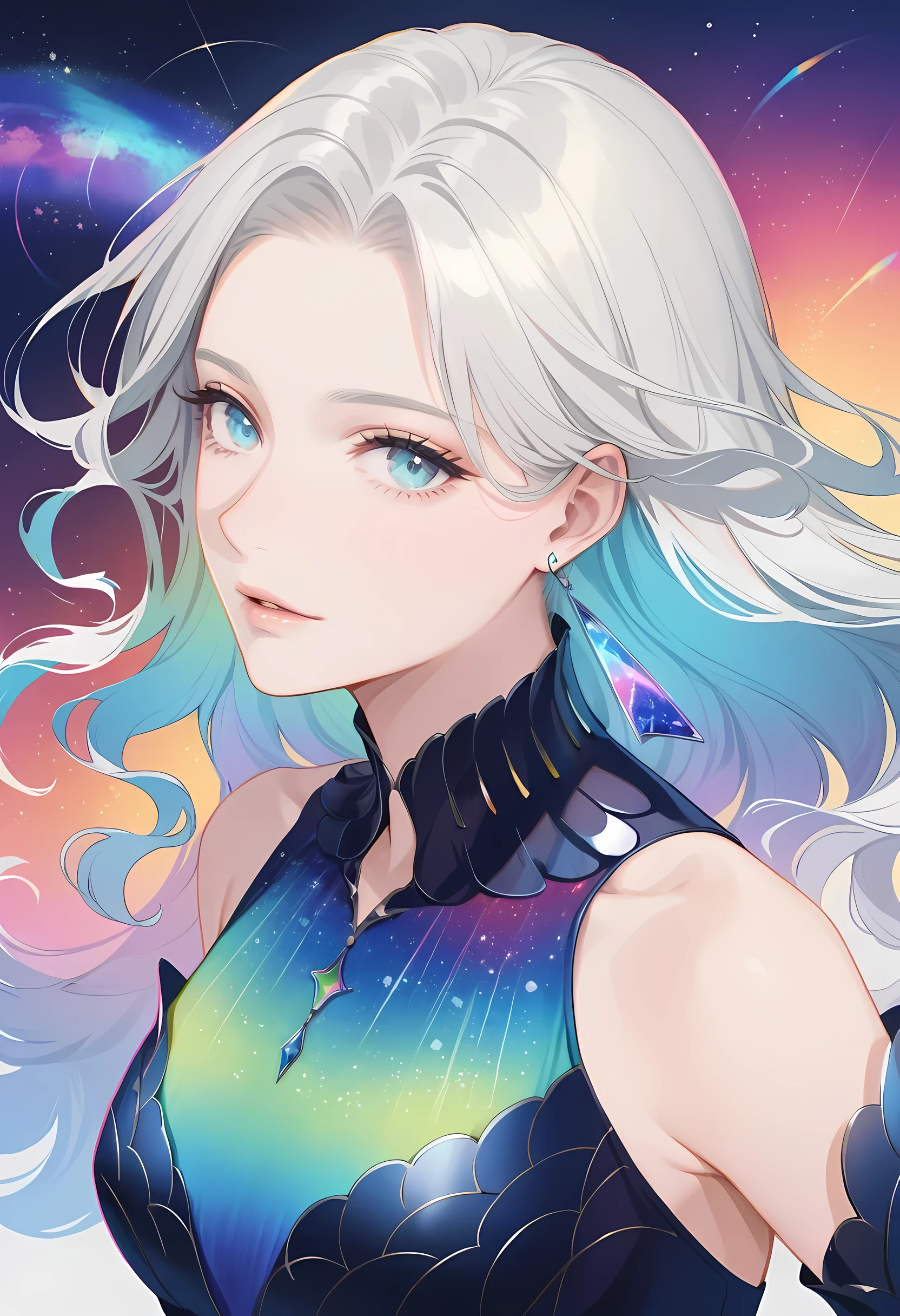 Woman with rainbow colored hair and delicate teal dress armor, permanent, Rainbow colored cosmic nebula background, Star, galaxy, intricate details, perfect face