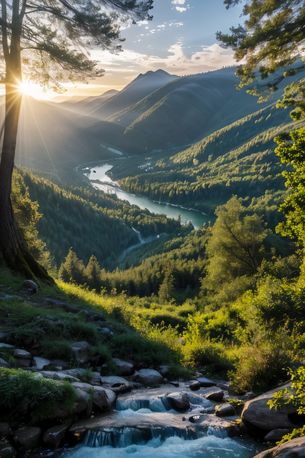 (best quality,4k,8k,highres,masterpiece:1.2),ultra-detailed,(realistic,photorealistic,photo-realistic:1.37),mountain scenery,beautiful landscape,serene atmosphere,peaceful nature,calm environment,gentle breeze,rolling hills,quaint villages,lush greenery,snow-capped peaks,stunning vistas,remote wilderness,tranquil lakes,sparkling rivers,towering trees,sunlight filtering through the canopy,soft light and shadows,subtle color palette,golden hour lighting,blue skies,fluffy white clouds,deep valleys and ravines,majestic mountain ranges,expansive horizon,misty fog,whispering streams and waterfalls,smell of fresh air and pine,crisp and clean ambiance,solitude and tranquility,birds chirping,peace of mind,relaxation and rejuvenation,escape from the hustle and bustle of everyday life.