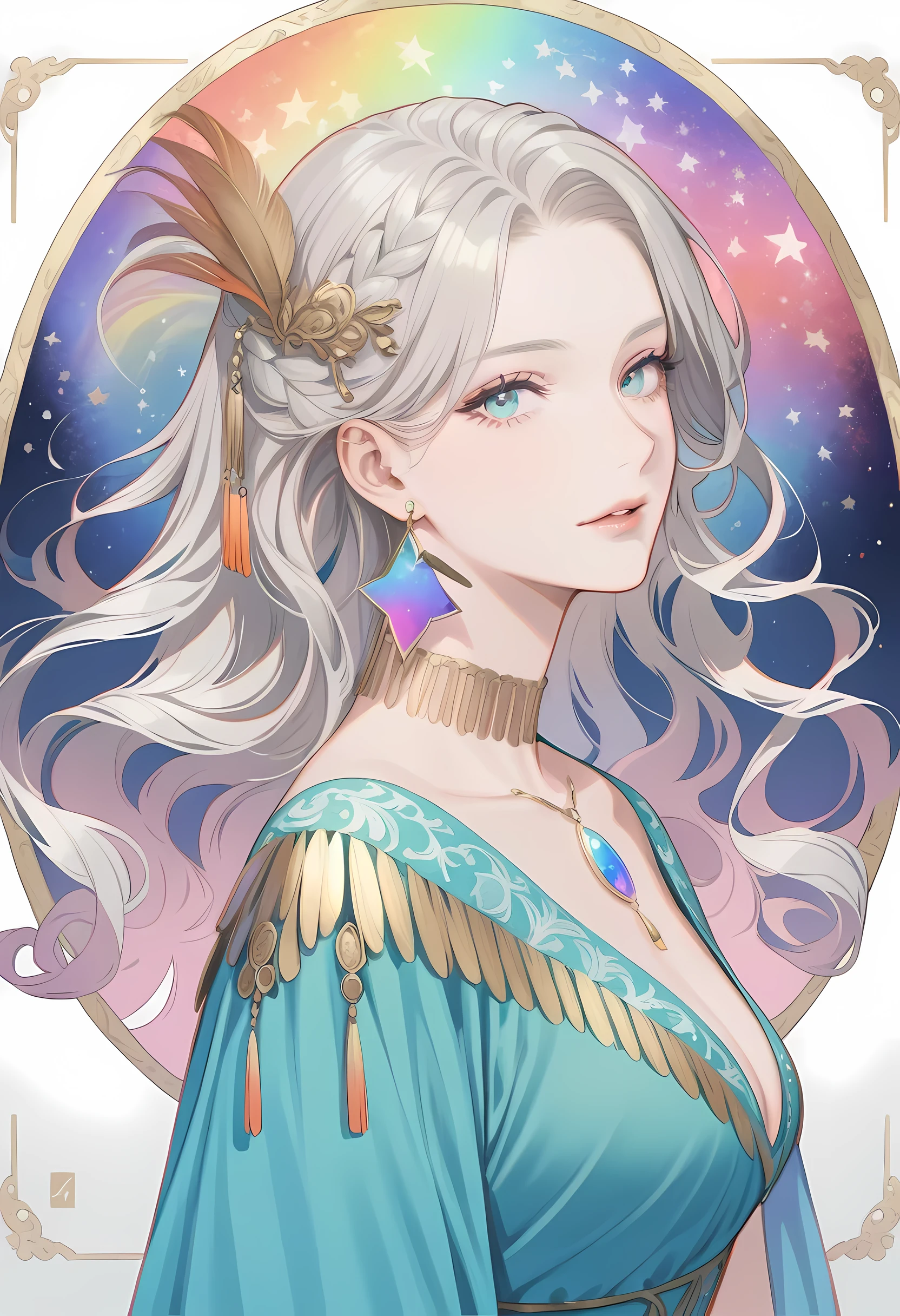Woman with rainbow colored hair and delicate teal dress armor, permanent, Rainbow colored cosmic nebula background, Star, galaxy, intricate details, perfect face