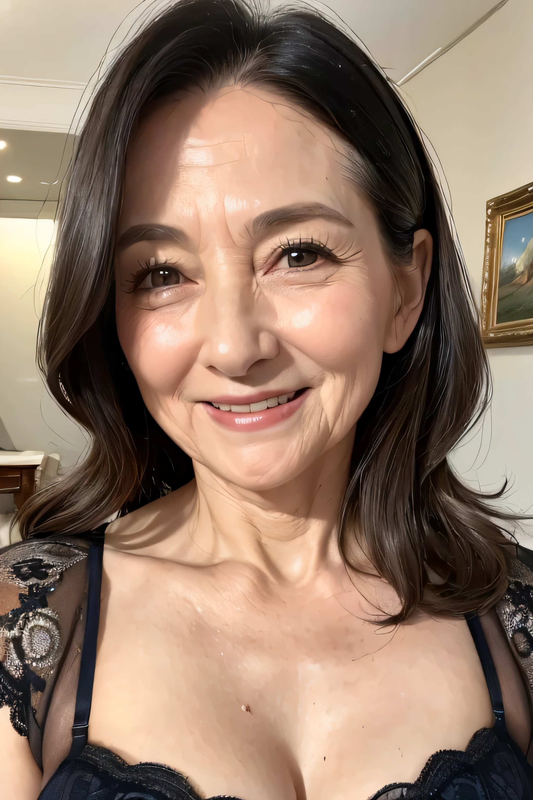 (Masterpiece:1.4),(67-year-old woman:1.4),(Wrinkles on the face1.2),smile,long wave hair,lingerie