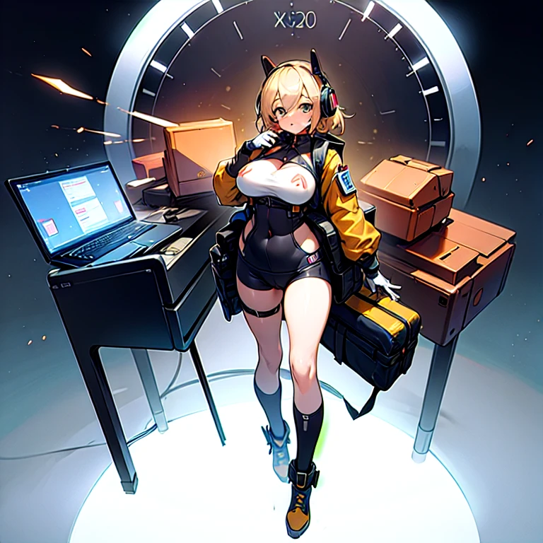 ((high quality)), ((masterpiece)), 8K, 2 girls, bulletproof vest, light, extremely detailed CG unity 8K wallpaper, game CG, looking at the viewer, gloves, boots, full body, clock, computer, mask, drone, Holding a weapon, headphones, Jacket, bag, Backpack,camel toe、huge tit、Nipple Puffs、cleavage、Plump、Super big breasts、super big butt、hacker、