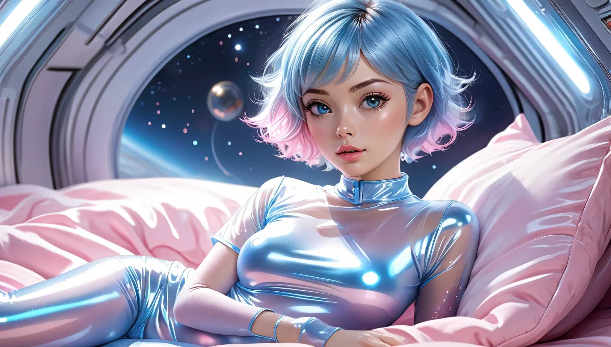 masterpiece, Best Quality, ((Cute girl in a shiny transparent pajamas, light blue, rosa, short sleeves, small and perky breasts, swollen nipples, extremely detailed face, detailed eyes, detailed lips, random hairstyle, small hips, In a spaceship, In a bed, full body view))