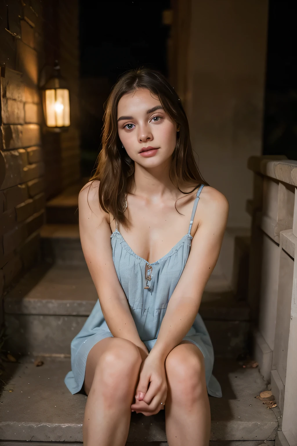 Young woman. big Blue eyes. Sitting on the stairs at home. it&#39;s night outside. Lanterns are on. Girl in a summer dress.   Best quality 