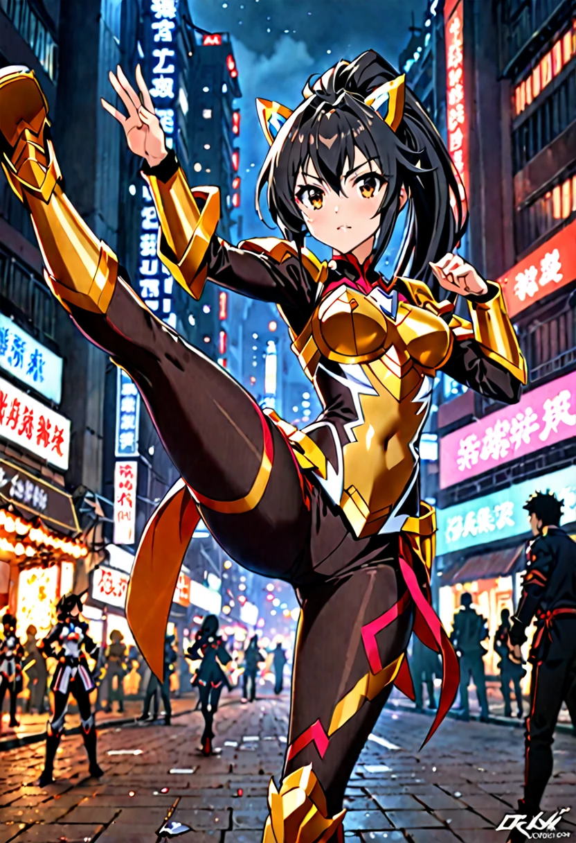 ((highest quality)), ((masterpiece)), (get used to it), perfect face, Short black hair Japanese、The chest iscIt's a cup、outstanding style、22 years old female。she、Gungnir from Senki Zesshou Symphogear、Tachibana Wearing the sound'golden armor。 karate side kick pose。The background is、a city engulfed in flames, Like a Hong Kong movie。night