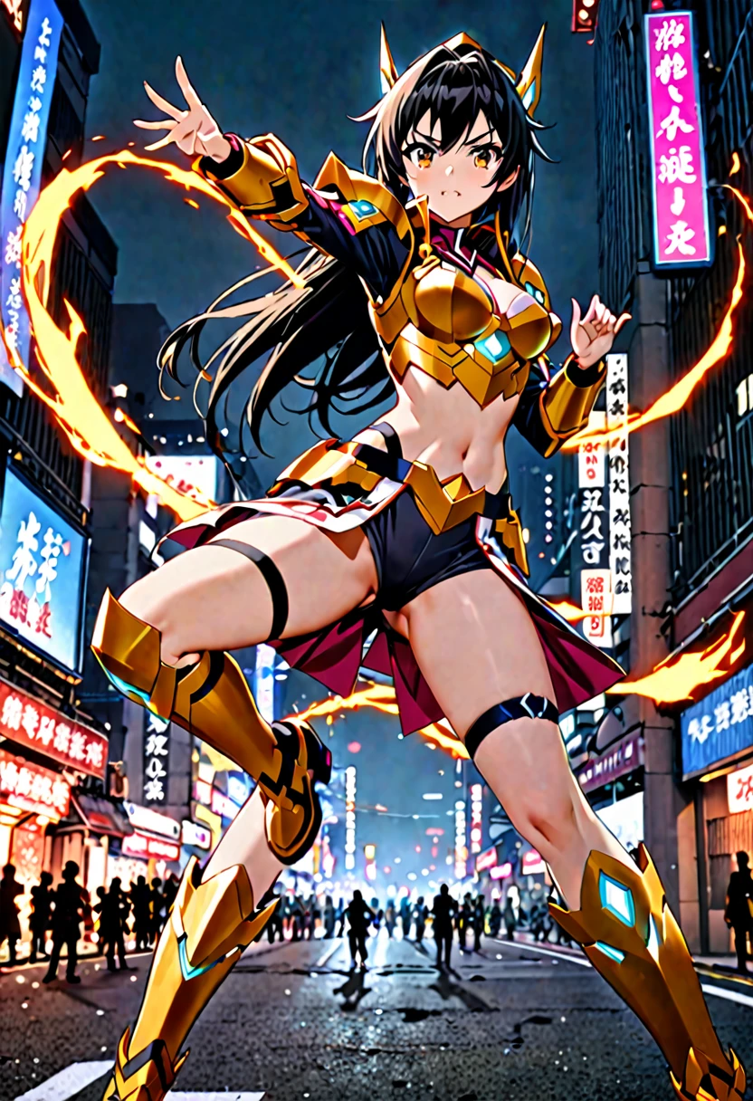 ((highest quality)), ((masterpiece)), (get used to it), perfect face, Japanese with shoulder-length black hair、Breasts are F cup、outstanding style、28 year old female。she、Gungnir from Senki Zesshou Symphogear、tachibana Wearing Hibiki's armor。 The right fist is thrust forward like a karate kata.、left hand on waist。The background is、a city engulfed in flames, Like a Hong Kong movie。night