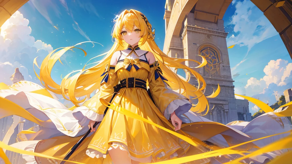 beautiful girl, yellow hair, yellow eyes,star clip, long hair, yellow royal clothes, start sky, 8k resolution, sky, galaxy