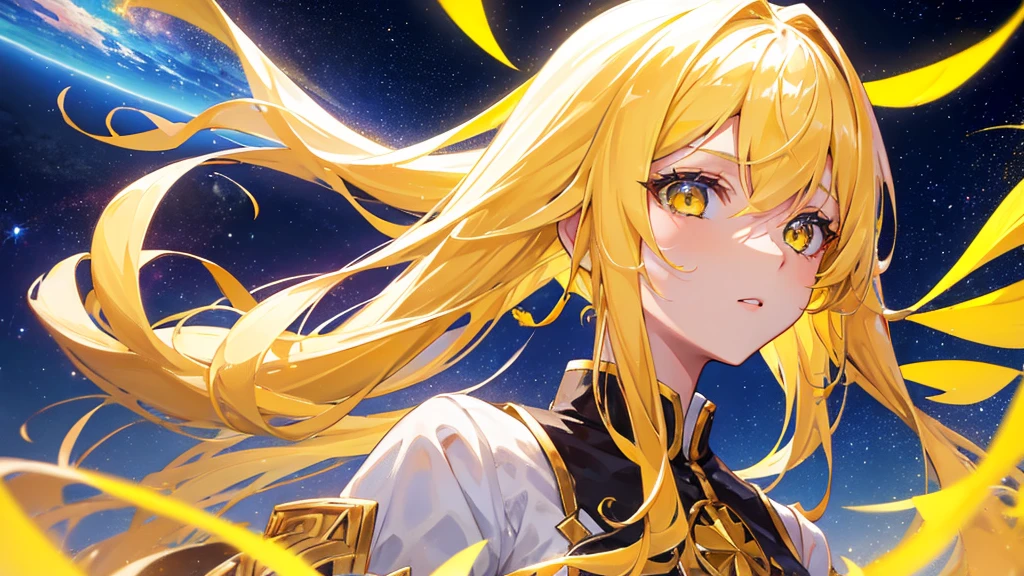 beautiful girl, yellow hair, yellow eyes,star clip, long hair, yellow royal clothes, start sky, 8k resolution, sky, galaxy
