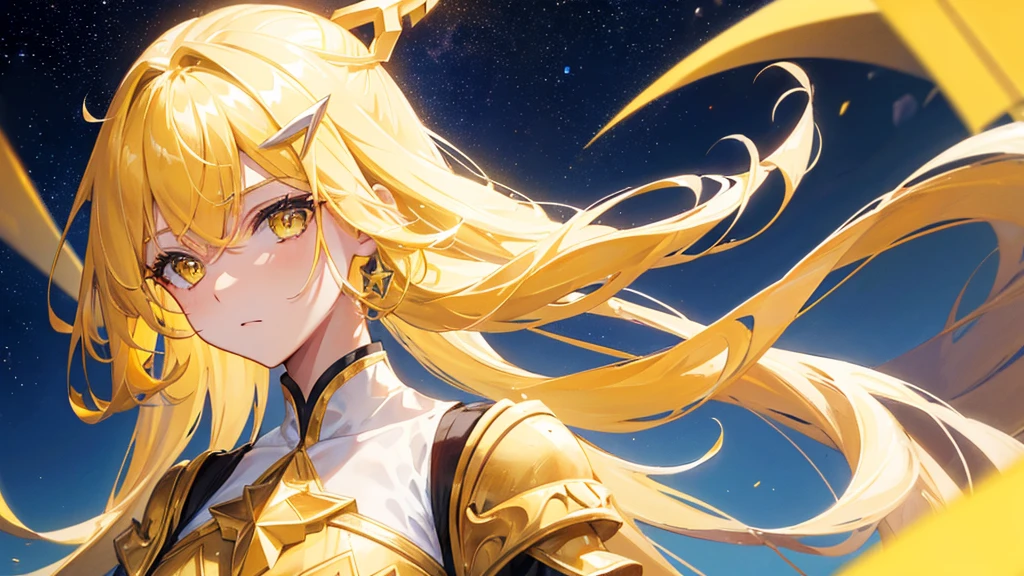beautiful girl, yellow hair, yellow eyes,star clip, long hair, yellow royal clothes, start sky, 8k resolution, sky, galaxy