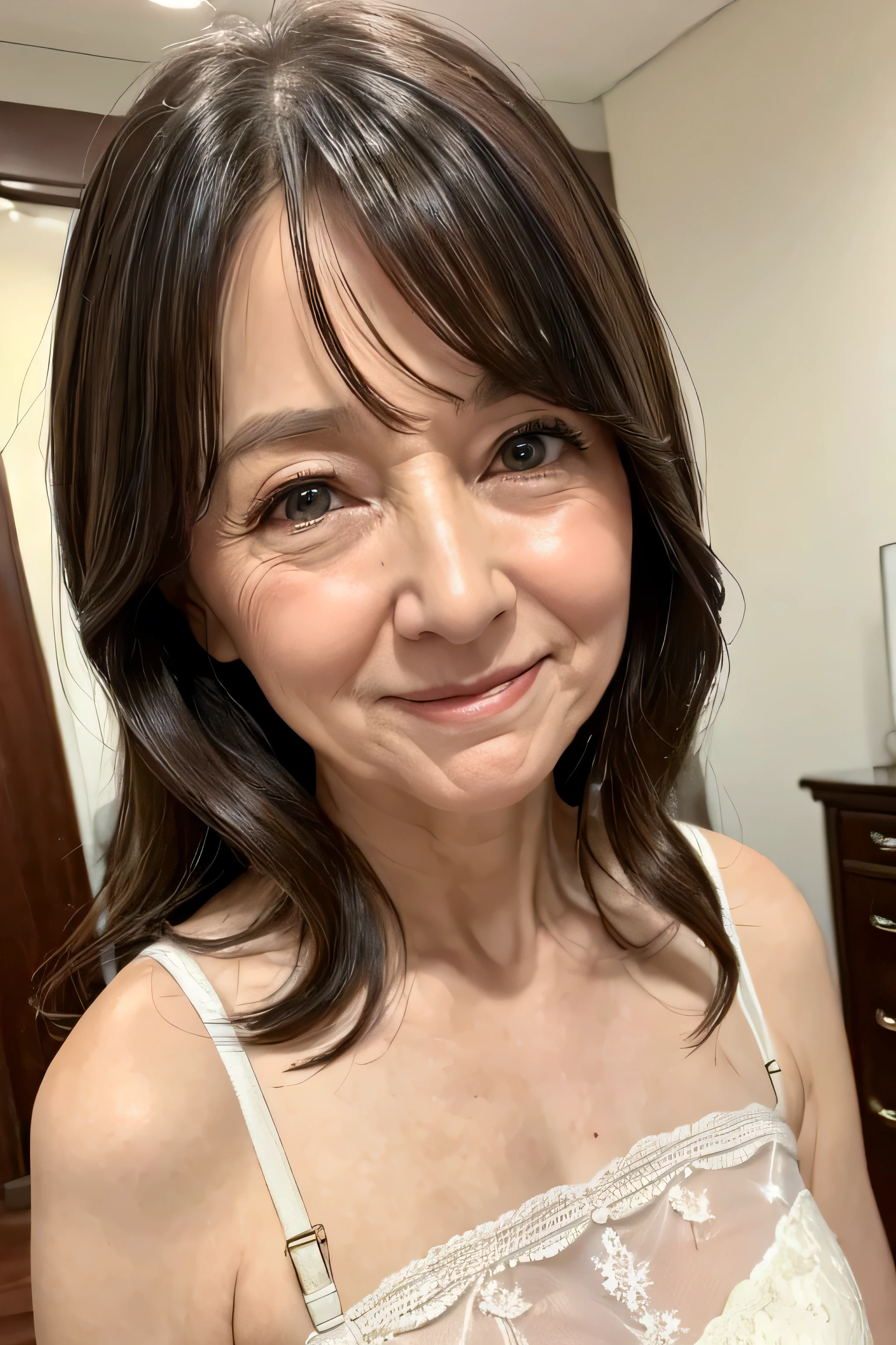 (Masterpiece:1.4),(67-year-old woman:1.4),(Wrinkles on the face1.2),smile,long wave hair,lingerie