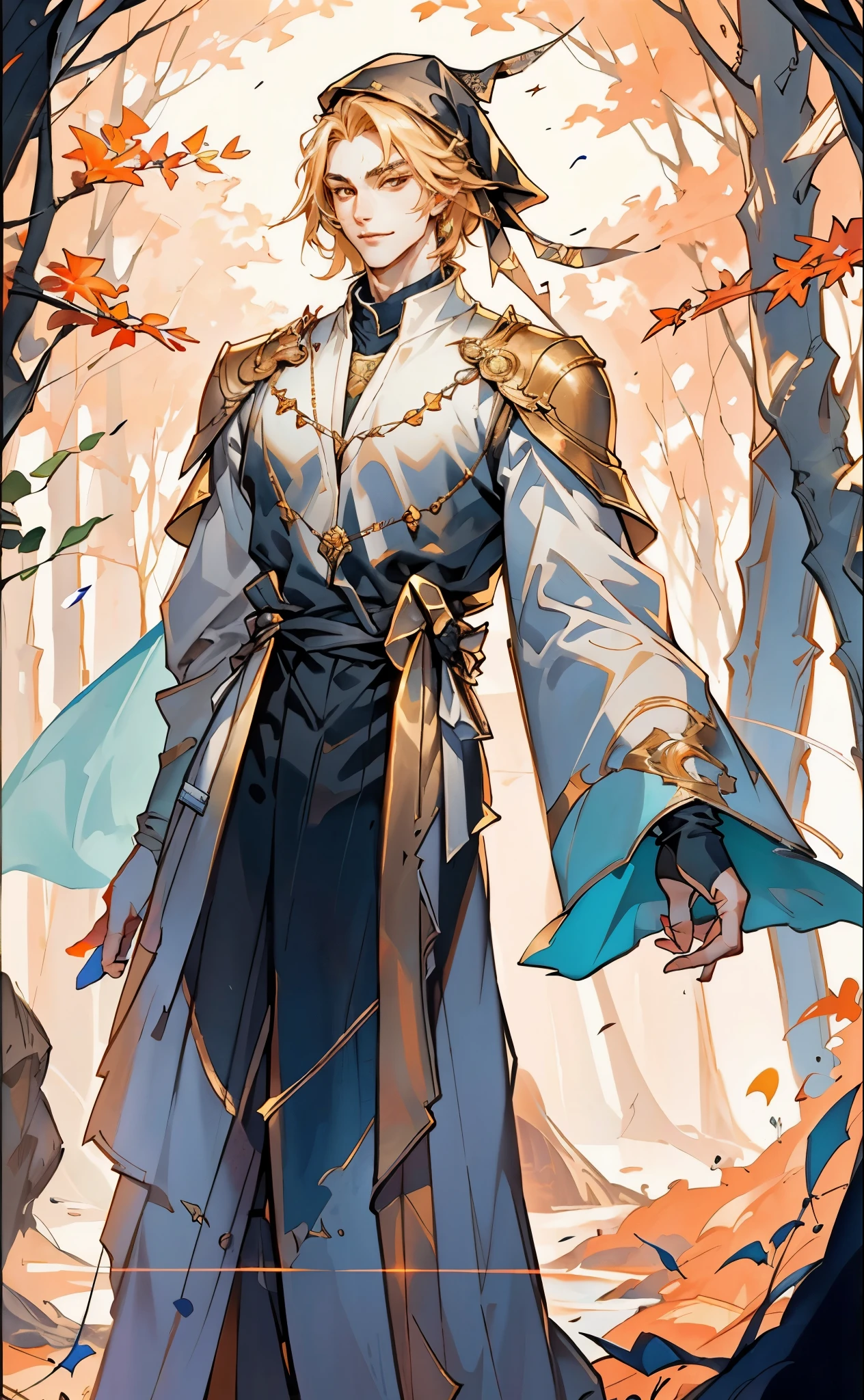 A young man wearing a scholar's square cap, clear and bright eyes, a dignified and refined face, a friendly smile, short hair is peeking out the cap, tall and slender figure, a fantasy-style scholar's long robe coat with a long hem, wide sleeves, loose trousers, bathed in sunlight amidst the gentle breeze of the woods, this character embodies a finely crafted fantasy martial arts-style scholar in anime style, exquisite and mature manga art style, high definition, best quality, highres, ultra-detailed, ultra-fine painting, extremely delicate, professional, perfect body proportions, golden ratio, anatomically correct, symmetrical face, extremely detailed eyes and face, high quality eyes, creativity, RAW photo, UHD, 32k, Natural light, cinematic lighting, masterpiece-anatomy-perfect, masterpiece:1.5