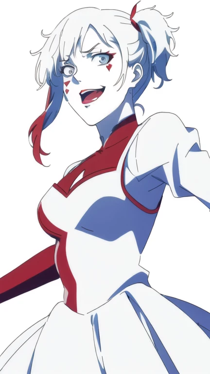 (Illustration, high resolution, best quality: 1.5, masterpiece, minimalist, whitebackground: 2, simplistic detail, anime), solo: 2, adult female, sexy female, harley quinn, crazy look, open mouth, happy dress