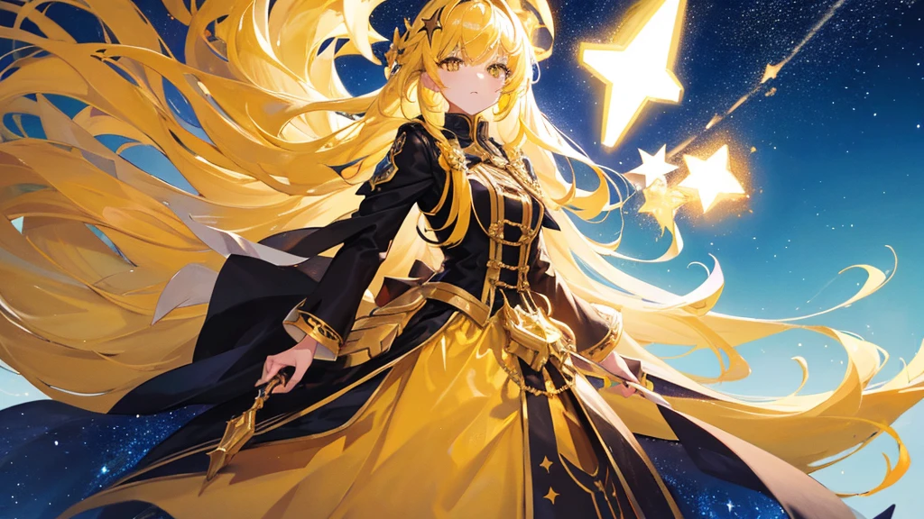 beautiful girl, yellow hair, yellow eyes,star clip, long hair, yellow royal clothes, start sky, 8k resolution, sky, galaxy