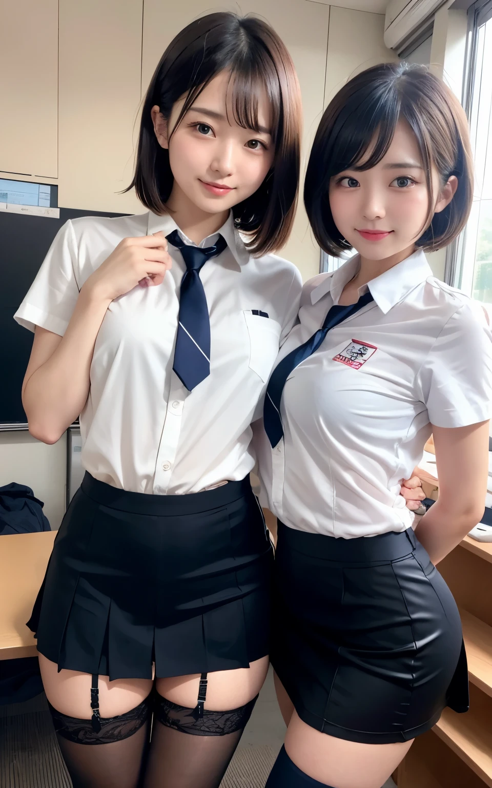 Chirarism、Random and seductive poses:1.2、look of temptation、short hair、Medium long wavy hair、emphasize the chest、sexy pose、erotic thighs、high angle shot、center view、in the school classroom、Many female students in the background、white short sleeve shirt、Two arafe Asian women wearing satin shimmy、upper grade:1.2、look of temptation:1.3、Medium chest、chest bulge、amazingly cute girl、japanese girl、Wearing a lace slip shimmy、surreal 、surreal 、 stop temporarily、Full body Esbian、nice skin、glowing skin、nice thighs、Glowing thick knee socks、Japanese high school 、Nogizaka Idol、(Japanese high schoolの)、please invite me inside、Inviting Eyes、White shiny blouse、dark blue skirt、black stockings