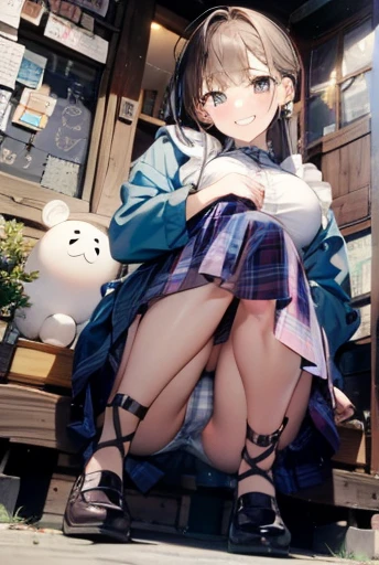 plaid skirt、big breasts、grin、gal、、apron