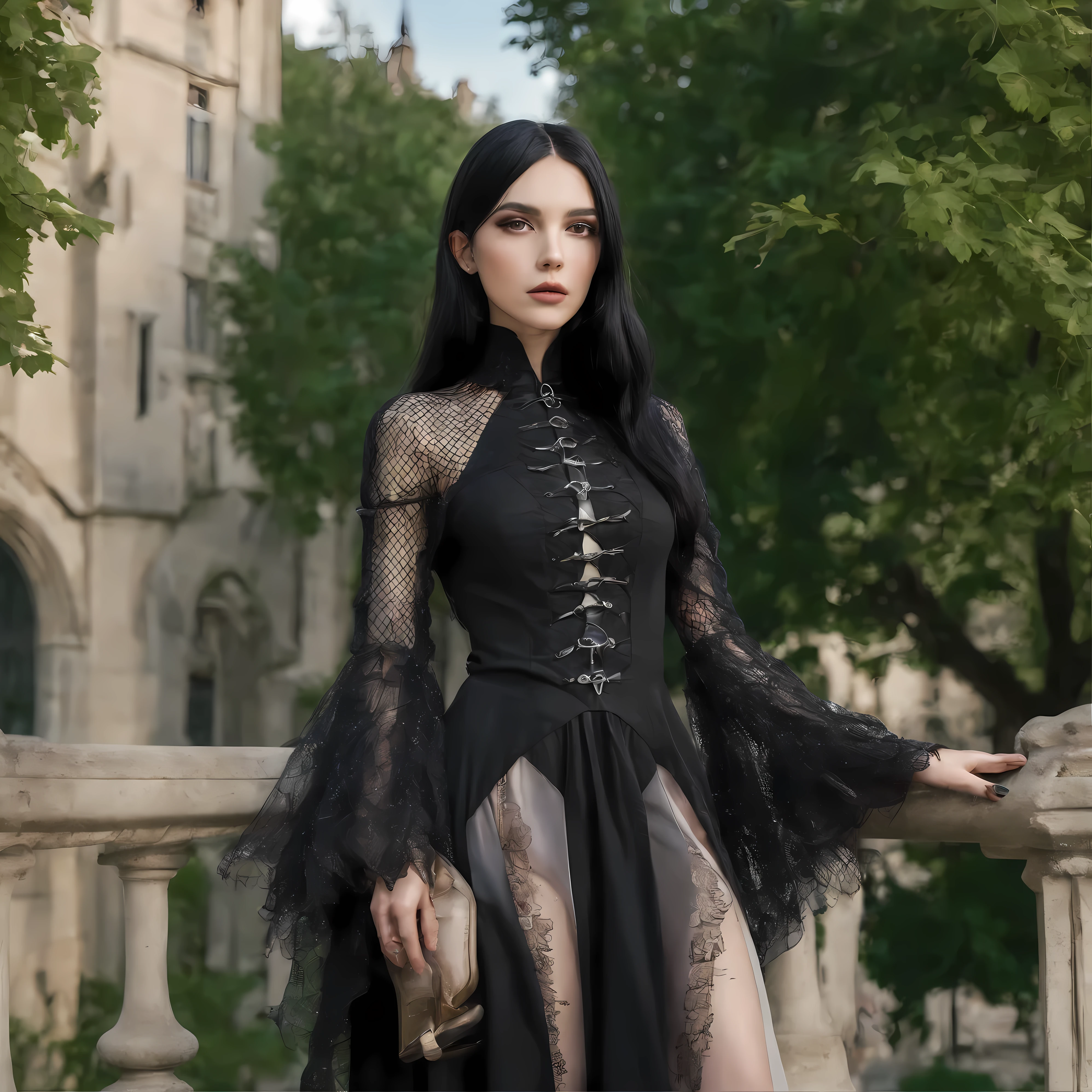Girl in a gothic mesh costume with symbolic accents 。Tall girl 195 cm tall, with long black hair, Gray hair ends. On both hands there are rings with different symbols. Chunky shoes. Paris, 18.00 on the clock tower. The sun shines through the foliage of the trees.