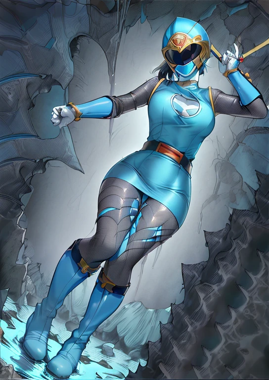 (best quality, masterpiece, RAW photo,ultra-detailed:1.2), 1girl, solo, keep head down, ((Hurricane Blue outfit, belt, gloves, helmet, blue spandex vest, sunglasses, blue boots, blue skirt, gray leggings, white gloves)), large breasts, (((spread legs:1.1))), nsfw, ((move to dark wet cave)),