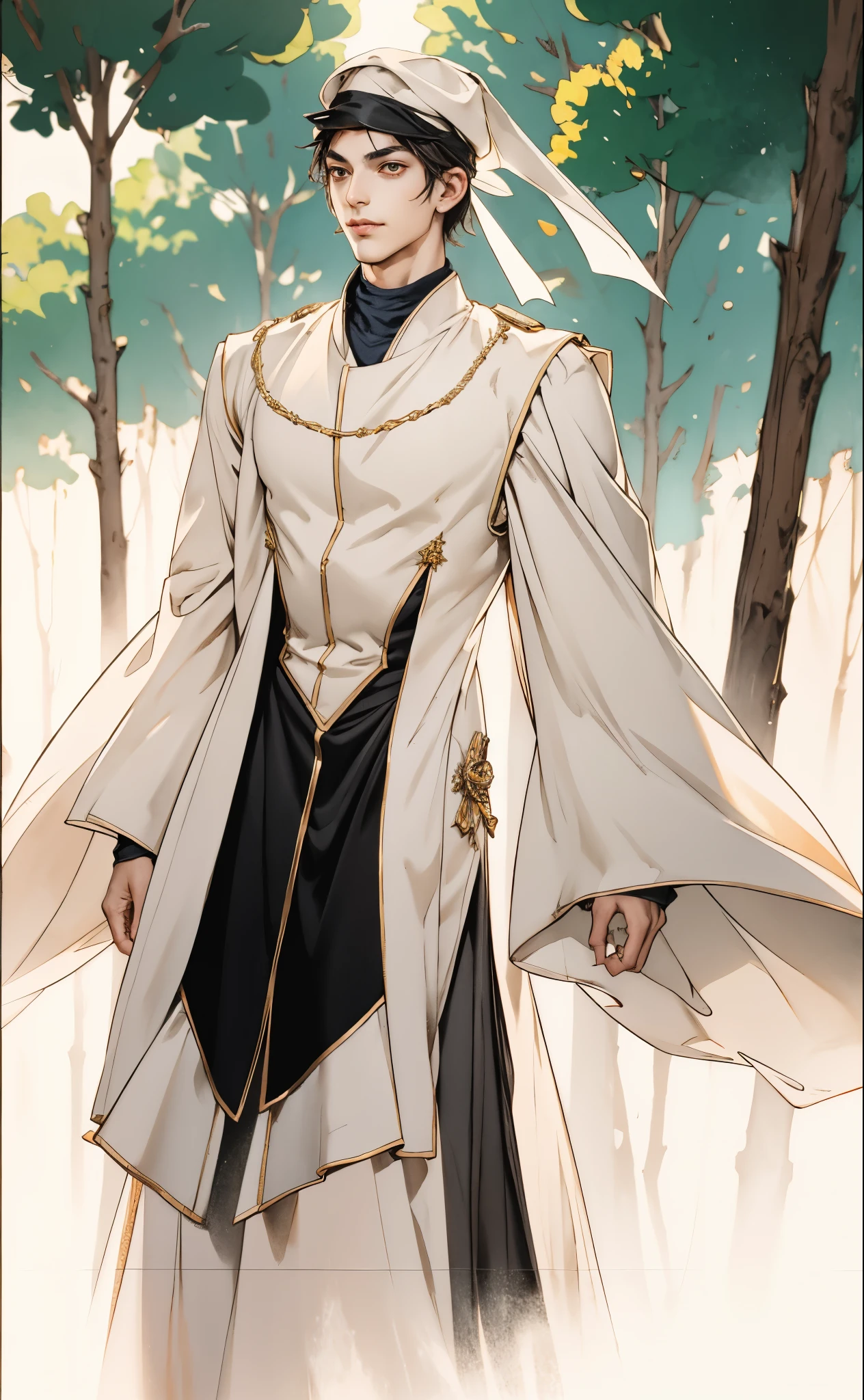 A young man wearing a scholar's square cap, clear and bright eyes, a dignified and refined face, a friendly smile, short hair is peeking out the cap, tall and slender figure, a fantasy-style scholar's long robe coat with a long hem, wide sleeves, loose trousers, bathed in sunlight amidst the gentle breeze of the woods, this character embodies a finely crafted fantasy martial arts-style scholar in anime style, exquisite and mature manga art style, high definition, best quality, highres, ultra-detailed, ultra-fine painting, extremely delicate, professional, perfect body proportions, golden ratio, anatomically correct, symmetrical face, extremely detailed eyes and face, high quality eyes, creativity, RAW photo, UHD, 32k, Natural light, cinematic lighting, masterpiece-anatomy-perfect, masterpiece:1.5
