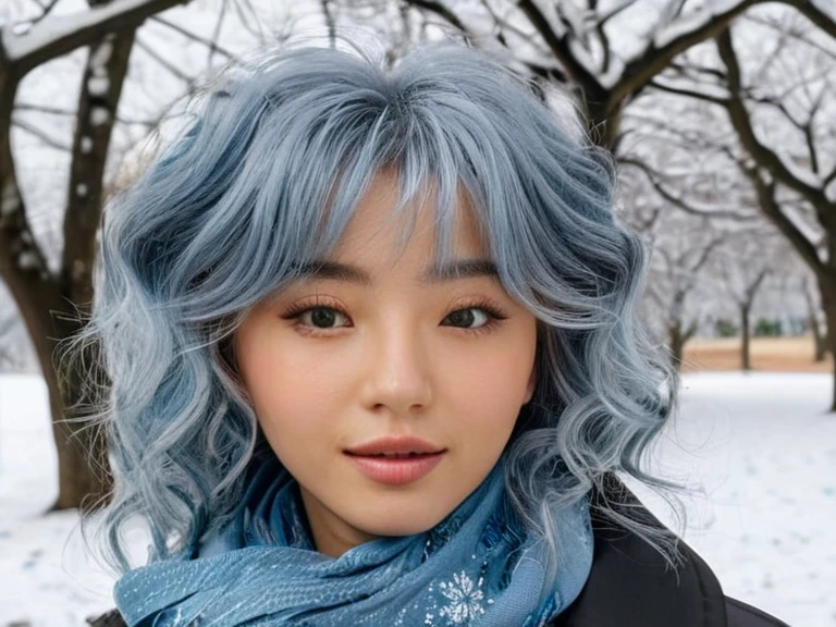 (high resolution, ultra-detailed, photorealistic), 1girl, sjang, wavy gray blue hair with bangs, cotton scarf, black anorak, winter, snow, trees, realistic face, accurate, beautiful