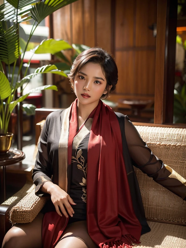a cinematic silhouette of an Indonesian girl with short hair lying on the sofa and facing the camera wearing authentic, sexy traditional clothing and a brown and dark red shawl, the place is in a cafe and behind it there are aesthetic plants. the photo is very detailed